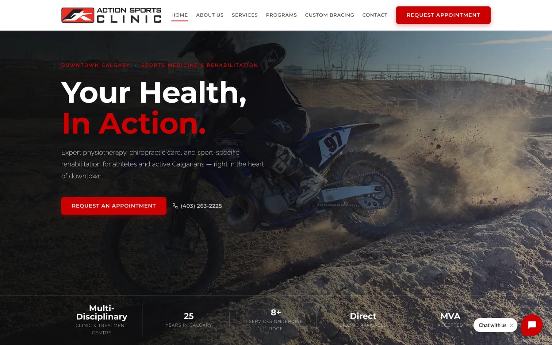 The new Action Sports Clinic homepage with a full-width motocross photo and the headline Your Health, In Action.