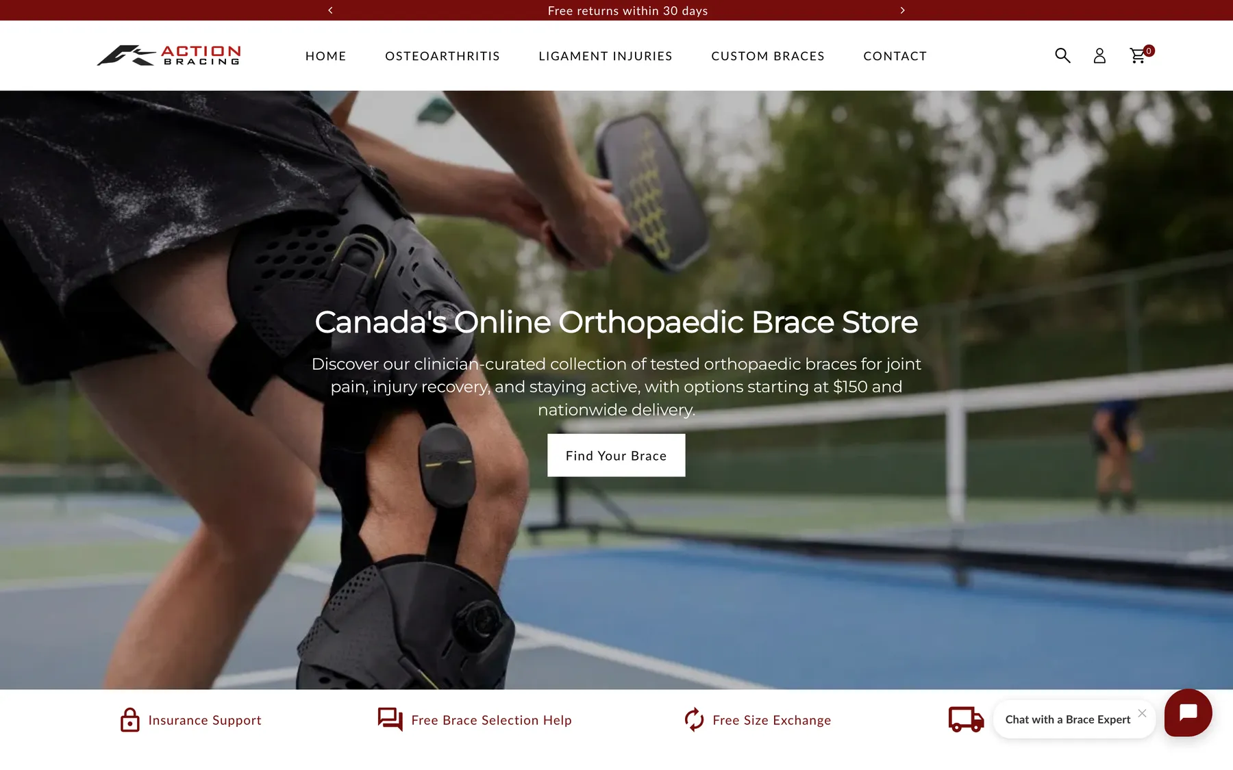 The Action Bracing Shopify store homepage with a pickleball player wearing a knee brace.